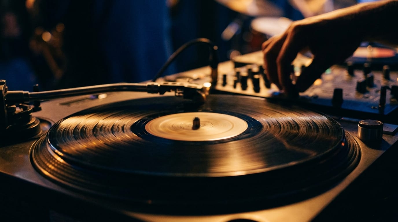 Vinyl record spinning on turntable with DJ equipment and warm stage lighting