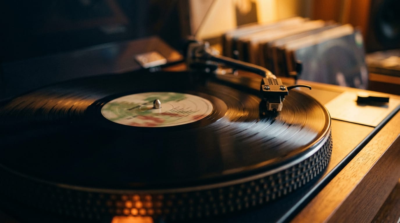 Vinyl record spinning on turntable with tonearm, warm studio lighting, jazz atmosphere