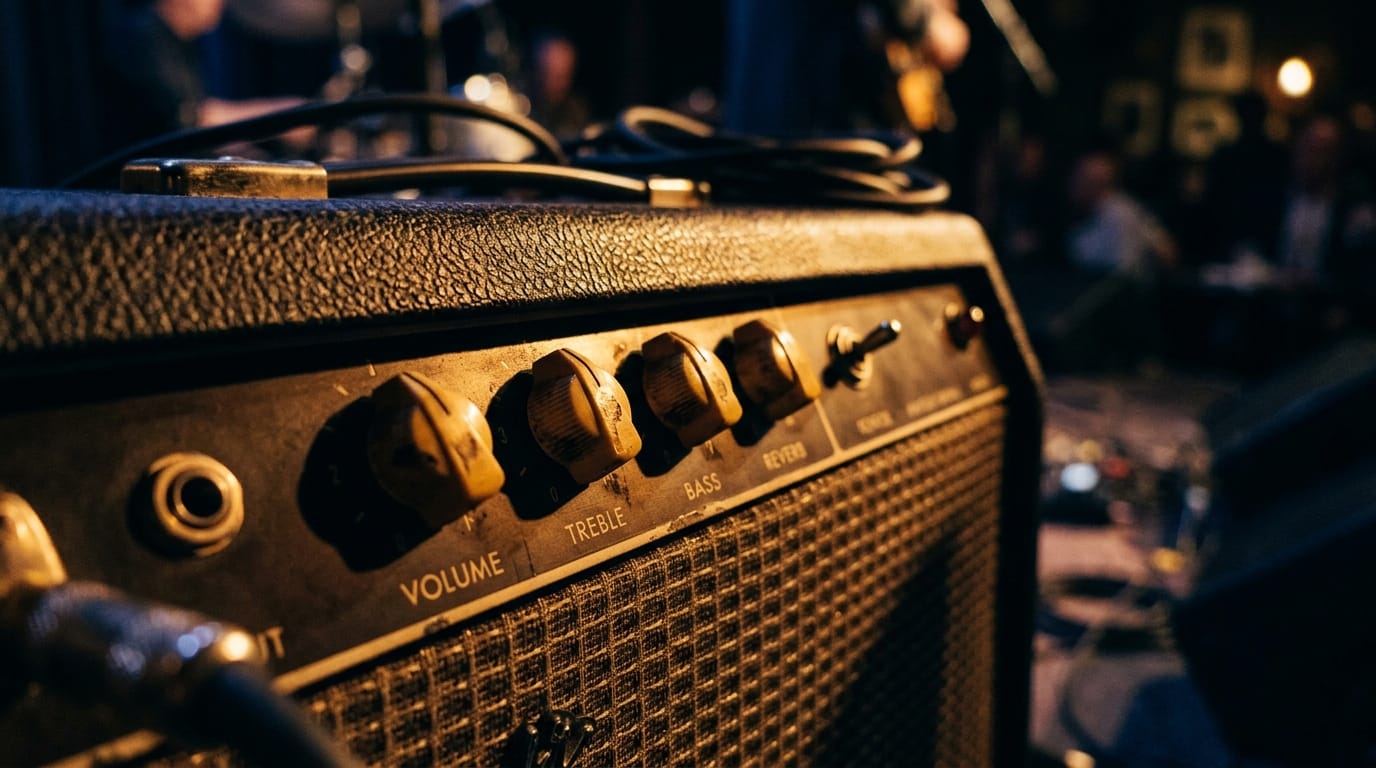 Vintage guitar amplifier with volume, treble, and bass knobs on stage during jazz performance