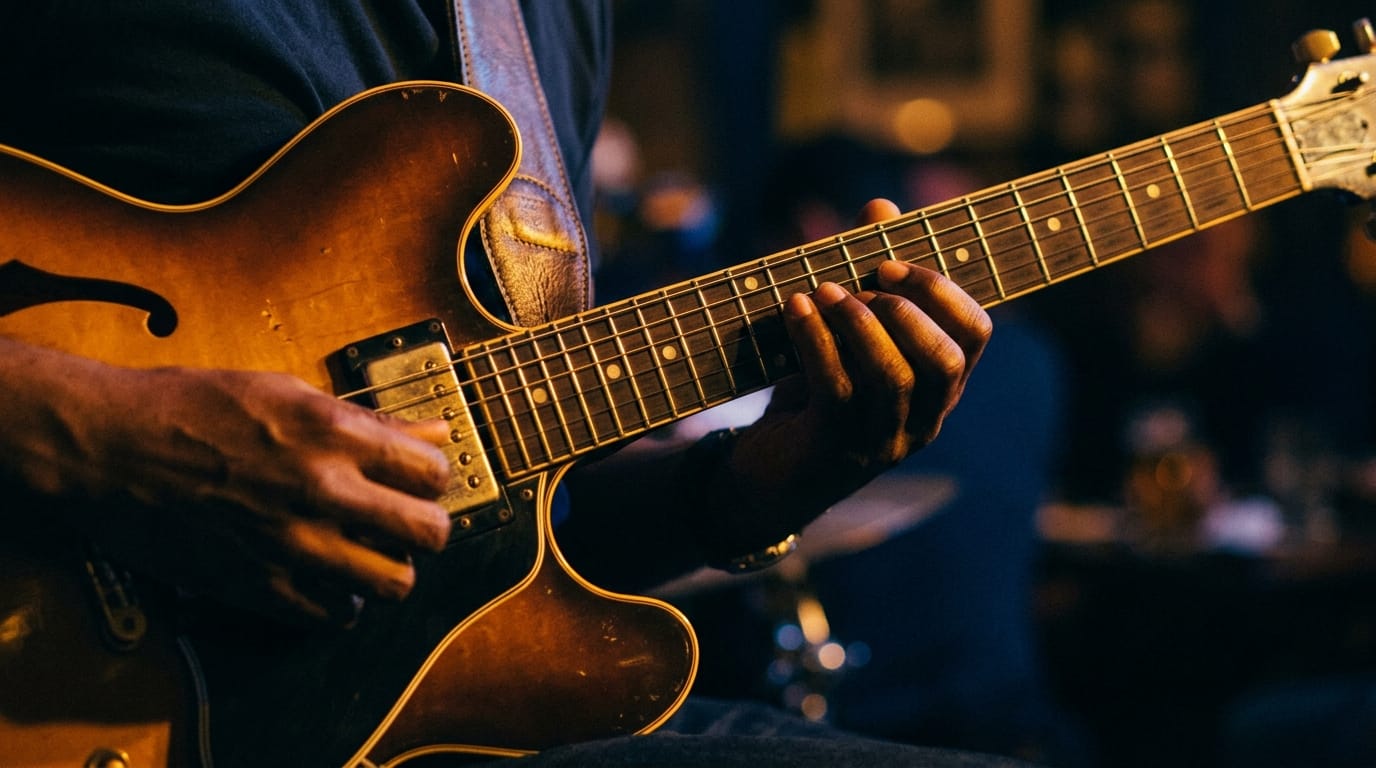 Jazz guitarist playing semi-hollow body electric guitar on stage with warm stage lighting