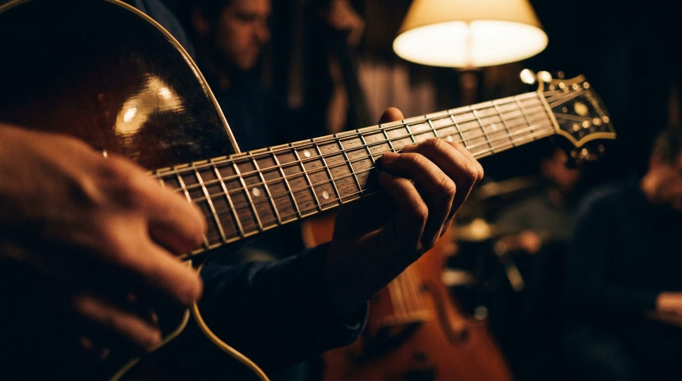Jazz guitarist performing with acoustic guitar under warm stage lighting during intimate jazz performance