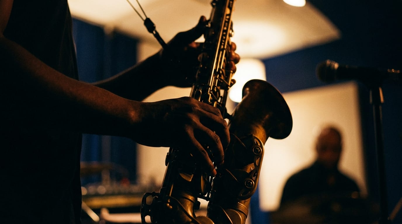 Saxophonist performing live jazz music on stage with warm atmospheric lighting