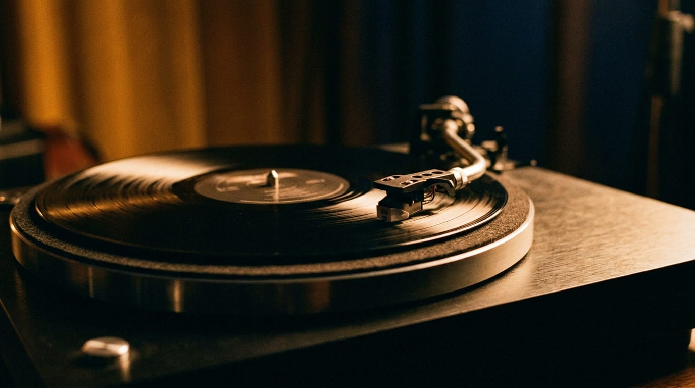 Vinyl record player turntable with spinning black record and tonearm in warm studio lighting